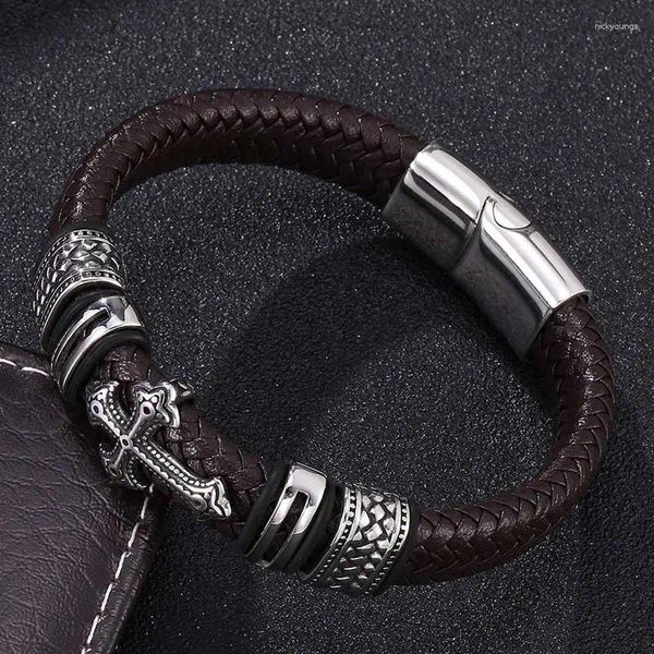 Charme pulseiras punk masculino jóias marrom trançado couro cruz pulseira de aço inoxidável fecho magnético na moda pulseiras fr0120