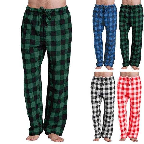 Calças masculinas moda masculina casual xadrez solta esporte pijama calças exercício perna larga caminhadas