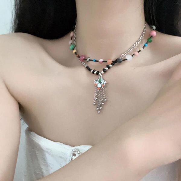 Collane con ciondolo Vintage Sweet Ruyi Lock Collana con nappa per le donne Femminili 2023 Moda Perline colorate Catena Choker Gioielli Regali Festa