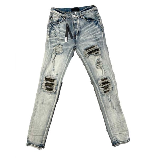 Mens Jeans Roxo Jeans Designer Jeans Denim Bordado Calças Moda Buracos Pretos Calças US Tamanho 28-38 Hip Hop Angustiado Zipper Calças Para Masculino 2023 Skinny Slim