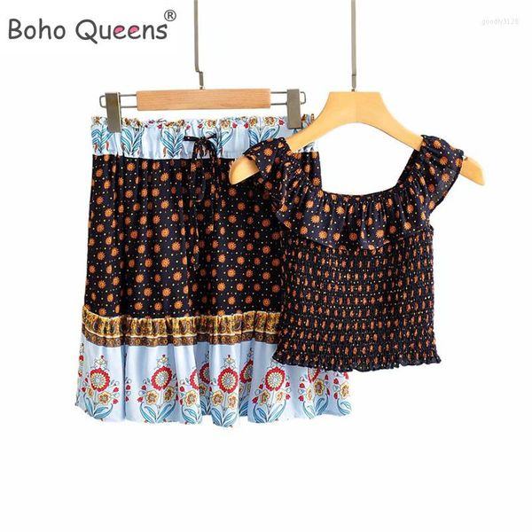 Abiti da lavoro Boho Queens Donna Completi a due pezzi Top senza maniche con spalle scoperte Gonne con coulisse in nappa boema Set da 2 pezzi