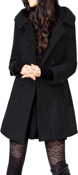 Winterjacke Damen Warm Fashion Casual Zweireiher Wolle Pea Coat Windjacke Kapuzenmantel 4LWV0