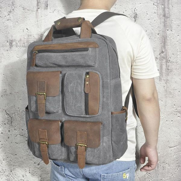 Rucksack Wasserdichte Leinwand Dickes Leder Reise Universität College Schultasche Designer Für Männer Männlich Daypack Laptop 1170