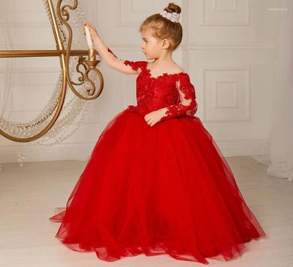 Vestidos de menina renda vermelha tule princesa flor manga comprida vestido de concurso crianças pequenas primeira comunhão