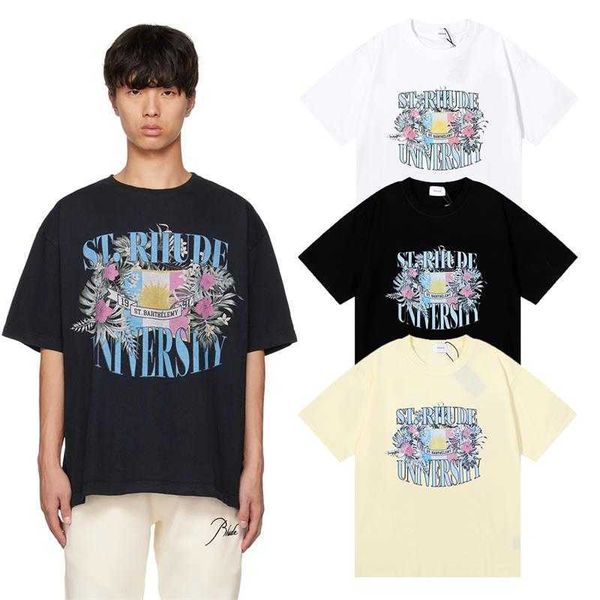 Tasarımcı Moda Giyim Tees Hip hop Tişörtleri Rhude Bayrağı Çiçek Baskı Yüksek Ağırlıklı Çift İplik Saf Pamuk Gündelik Gevşek T-shirt erkek kadın Streetwear Spor Giyim Tops