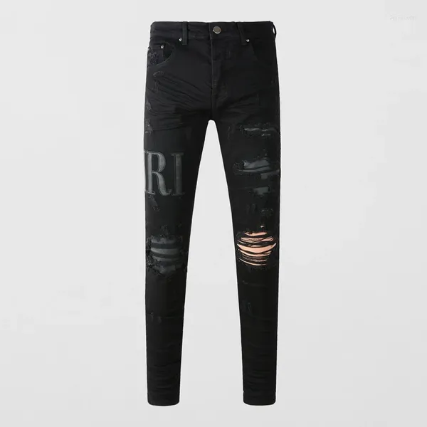 Jeans masculinos rua moda homens preto estiramento elástico magro ajuste rasgado couro remendado designer hip hop marca calças