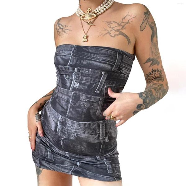 Lässige Kleider Damenmode Denim Print Sexy trägerloses Kleid Alltagskleidung Rückenfreies, figurbetontes Rohr für Urlaub, Reisen, Rave-Party