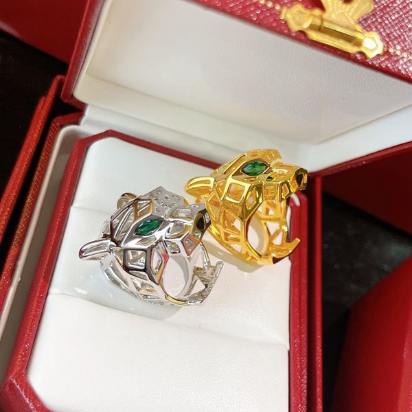 Panthere Ring Big for Man Lovers Designer Doppel Leopard Head Diamond Emerald Brille Gold plattiert 18K Klassiker Stil Europäischer Größe 012