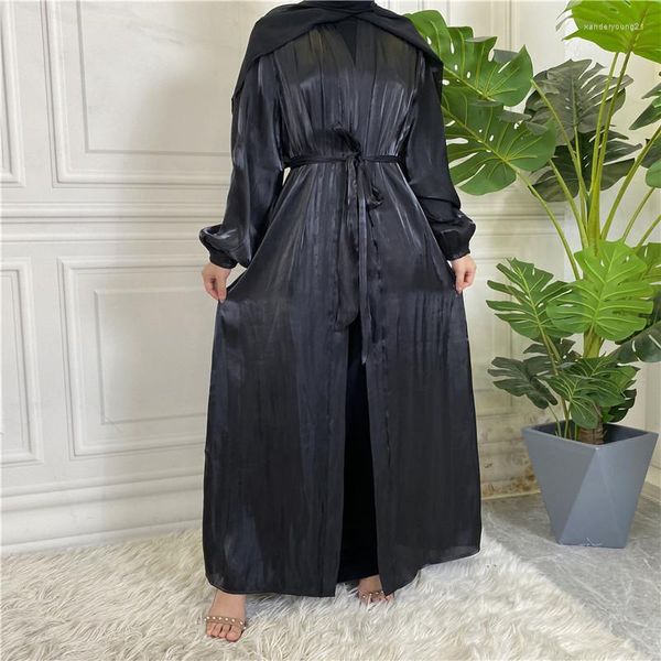 Abbigliamento etnico Wepbel Cardigan con lacci in seta lucida Robe Kaftan Islam Musulmano Abaya Donna Manica lunga Arabo Kimono islamico aperto