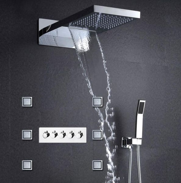Pannello doccia di lusso con soffione a cascata Accessori per il bagno 304ss Set di rubinetti per doccia a pioggia 6 pezzi Body Jets8465162