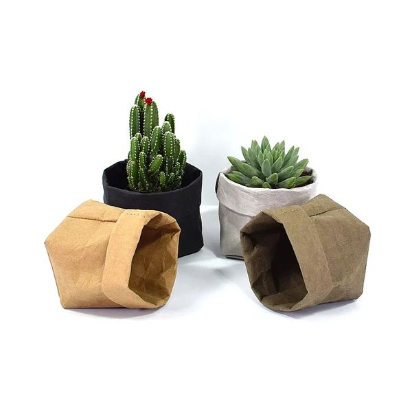 Vasos dobráveis de papel kraft, vaso de flores à prova d'água 4 cores, proteção ambiental, saco de armazenamento, mini jardim, bolsa de vegetais, lavável