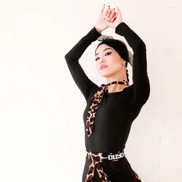 Bühnenabnutzung NY01 007 Langarm-Leopard-weiblicher lateinischer Tanz-Bodysuit-Frauen-Gesellschaftstanz-Kleid-Leistungs-Kostüm-Bauchanzug