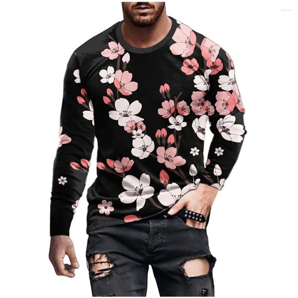 Camisetas masculinas com estampa de flores, camisa outono moda 3D manga comprida gola redonda Y2K tops casuais