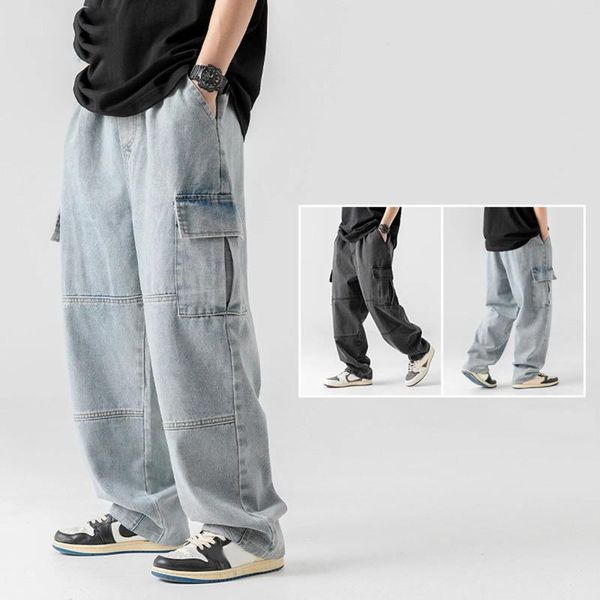 Мужские джинсы, мужские двойные однотонные весенние карманы с карманами, винтажные потертые моющиеся рабочие брюки, повседневные мужские брюки с открытыми штанинами