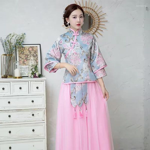 Ethnische Kleidung Retro Qipao Print Cheongsam Langes traditionelles chinesisches Hochzeitskleid Kleider im orientalischen Stil Vintage TangSuit Hanfu Female Party