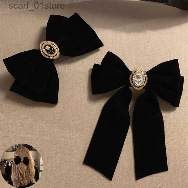 Kopfbedeckung Haarschmuck Neue schwarze Samtschleife Haarnadeln Elegante Stofflegierung Rosen Haarspangen für Frauen Mode Pferdeschwanz Haarspange Heear AccessoriesL231214