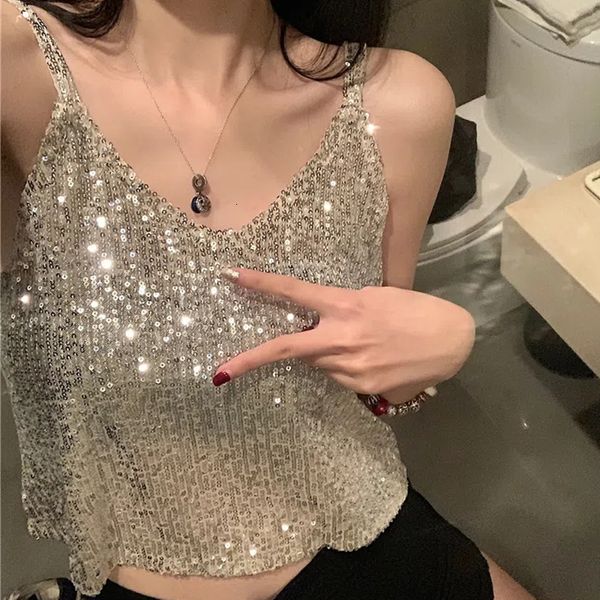 Camisoles Tanks Oro Argento Paillettes Crop Top Donna Estate Sexy Backless Deep V Neck Vest Donna Y2K Chic Slim Strap T-Shirt senza maniche 230420