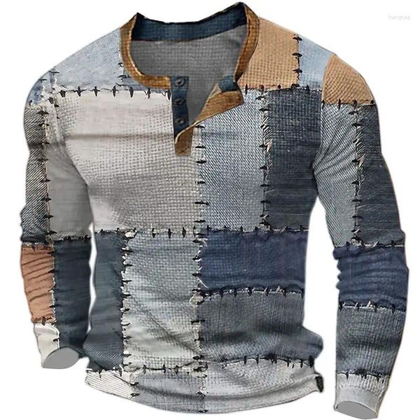 Homens camisetas T-shirt vintage para homens com botão camisa de algodão xadrez retalhos impressão gráfica manga longa camiseta oversized roupas tops