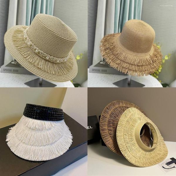 Шляпа шляпы с двойной кисточкой весна и летние женские солнцезащитные шляпы соломенная шляпа путешествовать на открытом воздухе модное ведро 2023