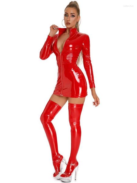 Abiti casual 2PCS / SET Wet Look PVC Vestido Cosplay Outfit Shiny PU Leather Dress Package Hip Minifalda Sexy Clubwear Minigonna Calze autoreggenti