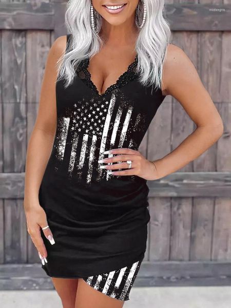 Casual Kleider Damen American Flag Lace Splicing Figurbetontes Kleid 2023 Sommer Ärmelloses Tank V-Ausschnitt Slim Fit Kurzes Mini Sommerkleid