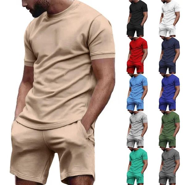 Fatos masculinos lisos shorts masculinos definir verão conjuntos curtos cor sólida camiseta e para homens