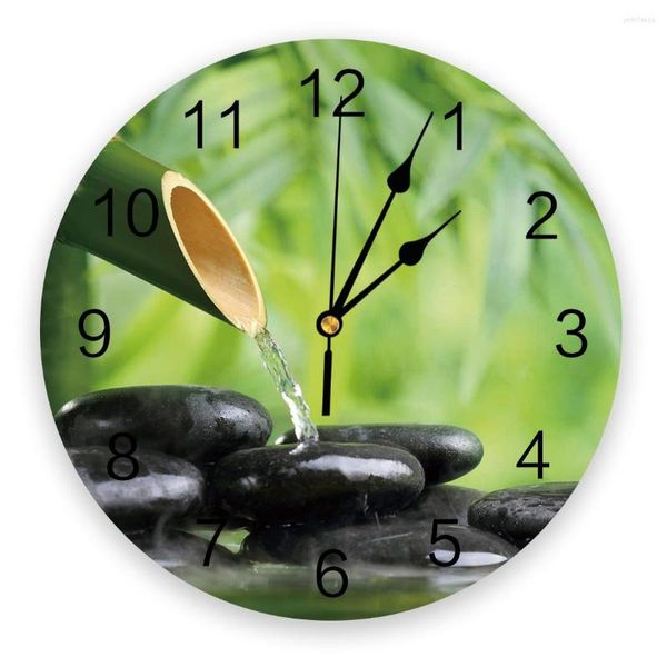 Relojes de pared de bambú, bosque, agua, piedra, Zen, reloj moderno para decoración de hogar y oficina, sala de estar, baño, decoración, reloj colgante