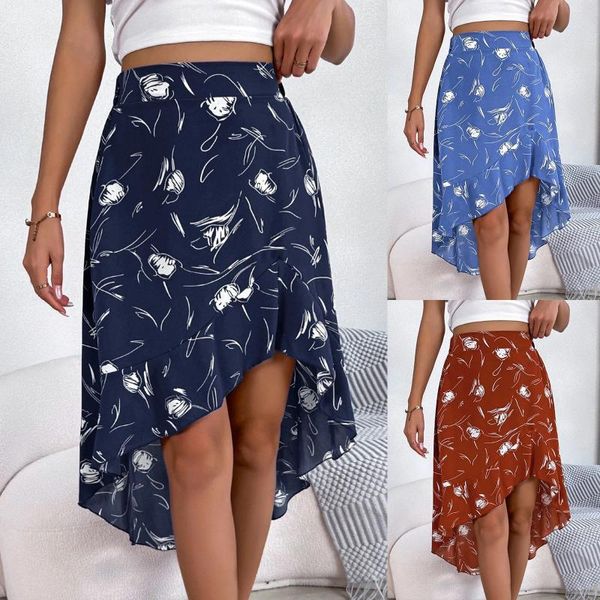 Saias para baixo para mulheres curto feminino casual floral assimétrico plissado hem meados de alta divisão saia longa plissada