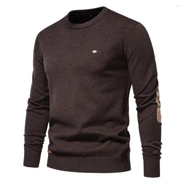 Мужские свитера 2023, осенний хлопковый свитер с круглым вырезом и вставками, пуловер с рукавами, однотонный, теплая зима
