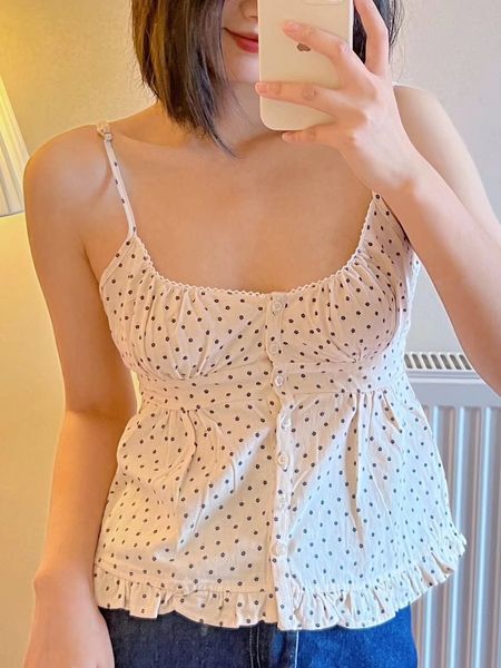 Camisoles Tanks Women Polka Dots Print Tops Tops Summer Fashion Ladies Ruffles Breedsed Sweet Camis Casual Girl Vintage Mite Tops 230420