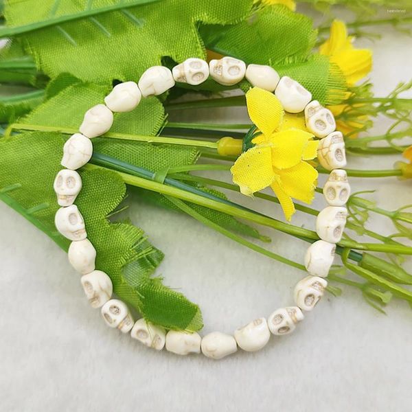 Strand 6x8mm crânio branco turquesa pedra pulseira diy elástico mão usar feminino meninas jóias fazendo design presentes de halloween