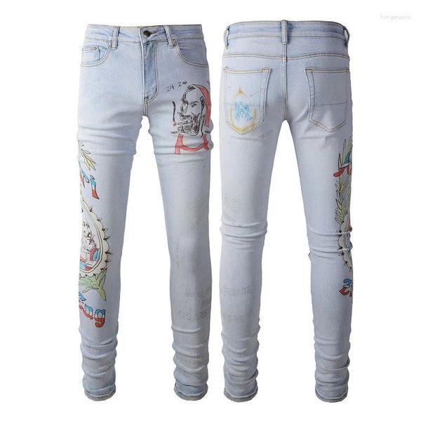 Jeans da uomo Arrivo Stampa blu di alta qualità Slim Streetwear Uomo Donna Danno Pantaloni skinny in denim Matita strappata con graffiti ad alta elasticità