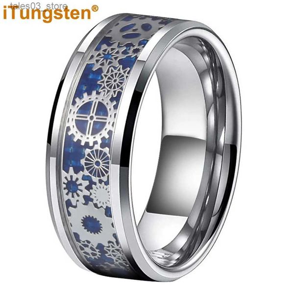 Fedi nuziali iTungsten 6mm 8mm Blu Fibra di carbonio Steampunk Gear Intarsio Anello di tungsteno per Uomo Donna Fede nuziale Gioielli di moda Comfort Fit Q231120