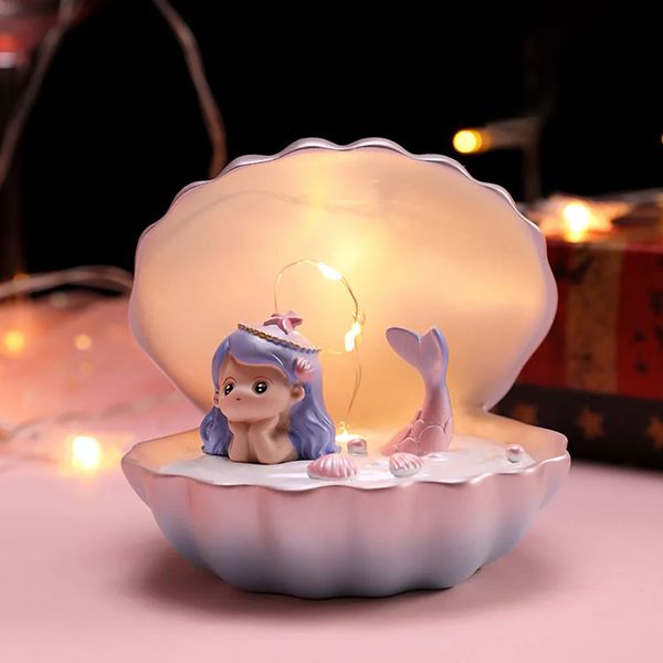 Objetos decorativos estatuetas LED Night Light Shell Mermaid Lamp Fairy Lights Cabeceira Decorativa Nightlight Shell Lâmpadas de mesa Luz para dormir Sala de estar 231120