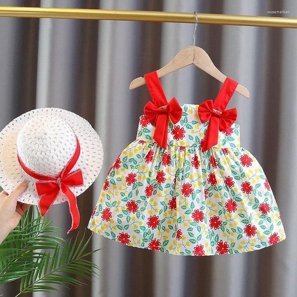 Mädchen Kleider Sommer Baby Blume Schleife Hosenträger Strandkleid Mode Kleinkind Mädchen Kinder Senden Hut