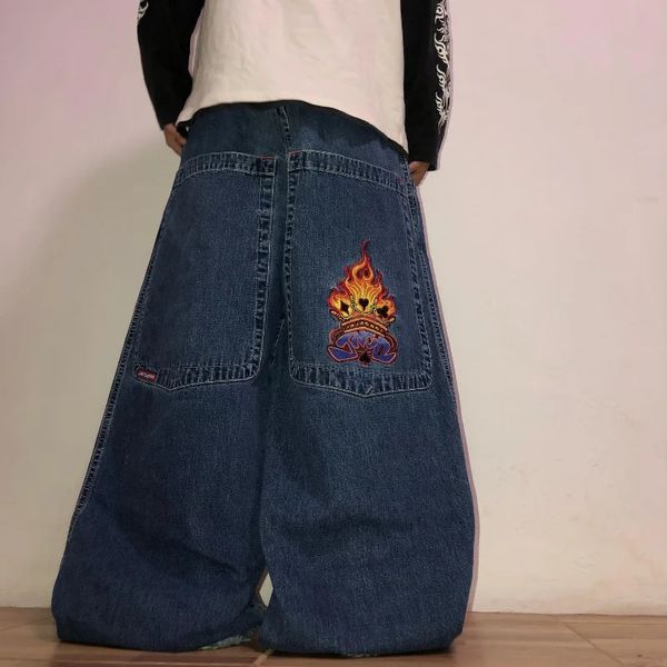 Jeans femininos jnco y2k baggy mulheres vintage chama poker gráfico bordado hip hop streetwear harajuku moda masculina jeans de perna larga 231120