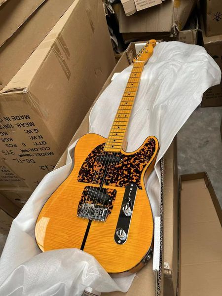 Novo guitarra elétrica de bordo de chama amarelo TL com hardware importado de pickup de pickup TLA35