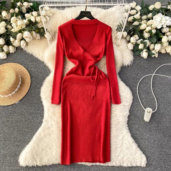 Vestidos casuais mulheres chique elegante manga longa v pescoço oco cordão vestido sexy moda malha elástica magro hip envoltório suéter