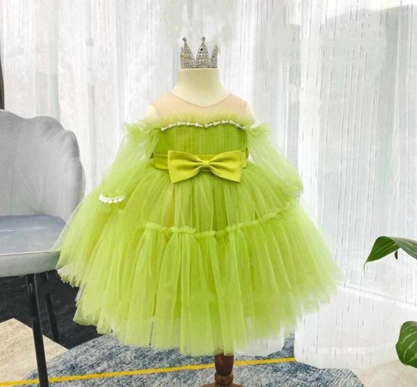 Vestidos de menina bonito princesa vestido de natal inchado tule flor artesanal com manga longa na altura do joelho crianças presente