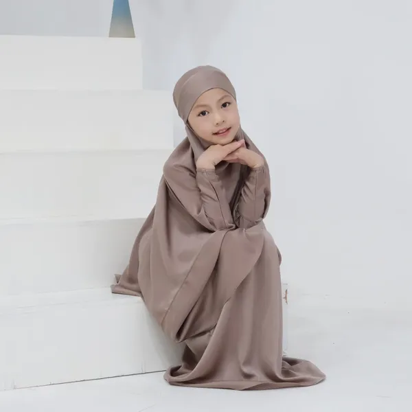 Ethnische Kleidung Kinder Jilbab Satin Abaya Langer Khimar Maxirock Islamischer Ramadan Muslimische Mädchen Gebetskleider Dubai Türkei Bescheidener Kaftan