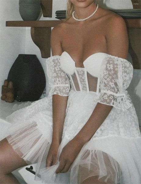 Повседневные платья Женское белое платье Прозрачная сетка с коротким рукавом и V-образным вырезом с цветочным принтом Сплошной цвет Клубная вечеринка Летнее платье подружки невесты S-XL