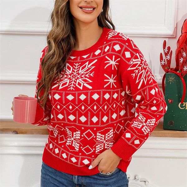 Suéter feminino feminino vermelho natal suéter casual floco de neve impressão rund pescoço manga comprida pulôver tops inverno quente roupas de malha