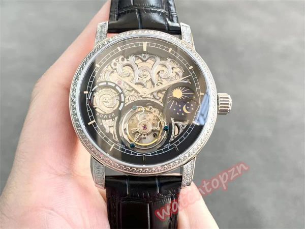 Orologio da uomo Fiore scavato multifunzionale sole, luna e stelle catena a lancetta Orologio Tourbillon diametro 43 mm spessore 12 mm accumulo di energia fino a 72 ore