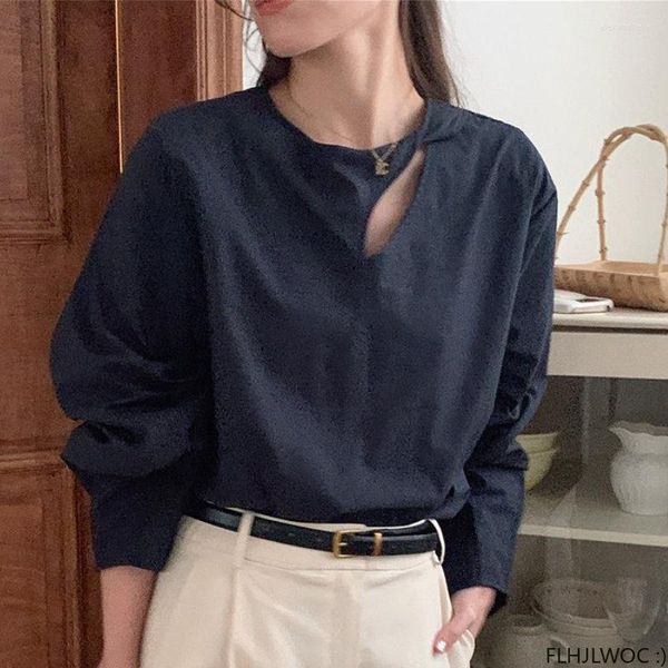 Camicette da donna Fashion Hole Out Shirt Blasus 2023 Design Donna manica lunga Solid Cute Girls Japan Style Blu navy Top in misto cotone