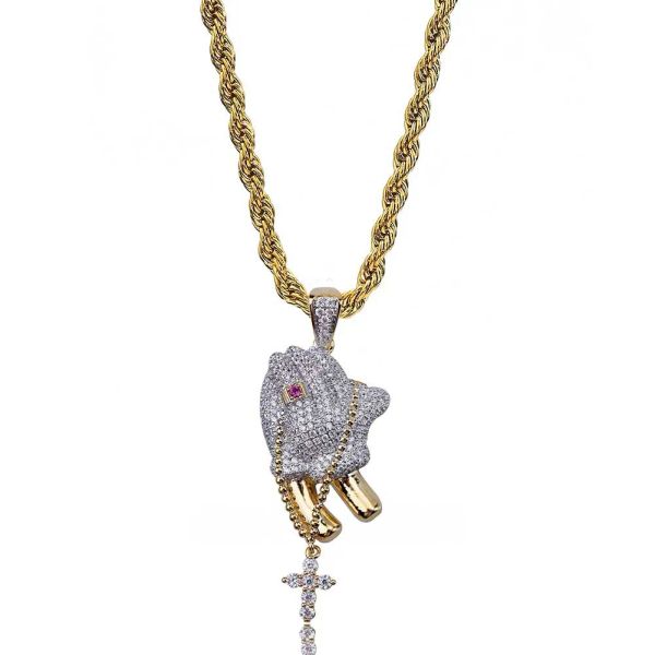 Collane con ciondolo Hip Hop Iced Out Placcato color oro Collana con ciondolo croce e mani in preghiera Micro pavé di zirconi Regali per feste Gioielli