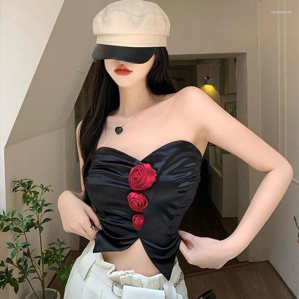 Serbatoi da donna Designer Black Corset Crop Tube Top Donna Backless Increspato Halter Top Toppa floreale Estate 2023 Abbigliamento di alta moda