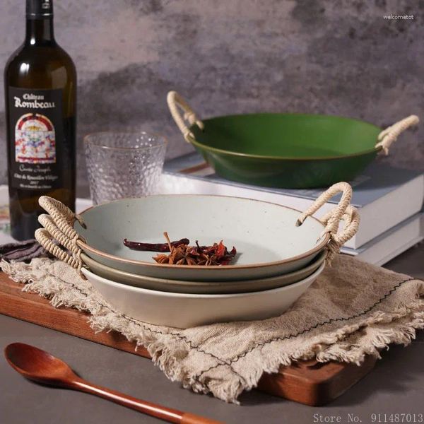 Platten 1pc Kreative Grobe Keramik Seil Zwei-ohr Geschirr Haushalt Küche Restaurant Liefert Salat Obst Abendessen Platte