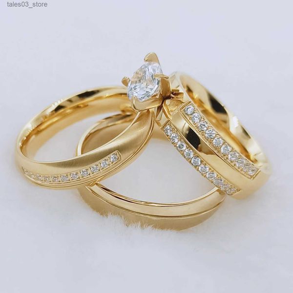 Anéis de casamento 3 peças conjunto de anéis de casamento para mulheres homens aliança de amor Cz diamante noivado joias de casamento Fedi Nuziali banhado a ouro 18k Q231120