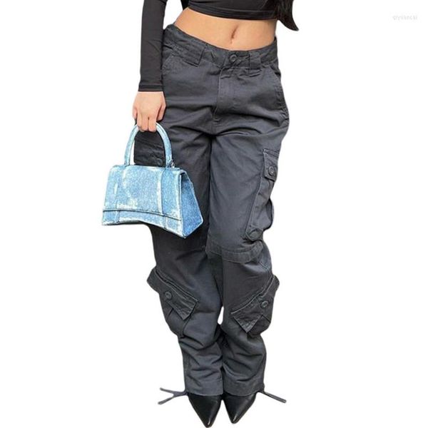 Damenhose Damen Denim Cargo Herbst Winter 2023 Einfarbiger Stil Hohe Taille Gewaschene lange Jeans Damen Streetwear
