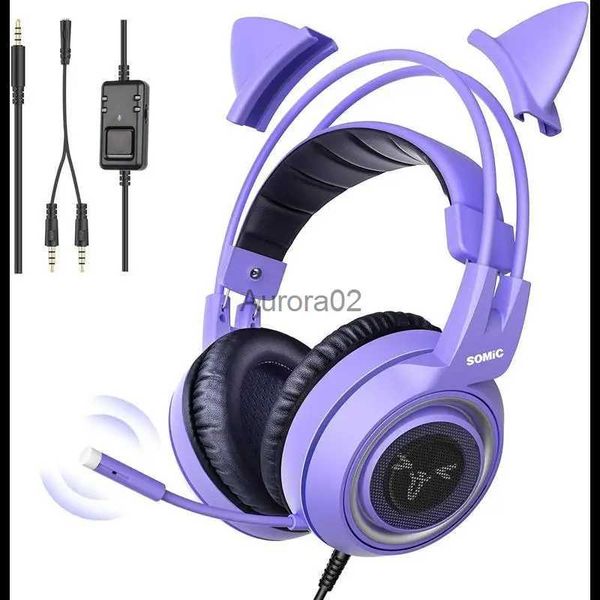 Handy-Kopfhörer SOMIC G951S lila Stereo-Gaming-Headset mit Mikrofon für PS4 PS5 Xbox One PC-Telefon abnehmbares Katzenohr 3,5 mm Rauschunterdrückung YQ231120